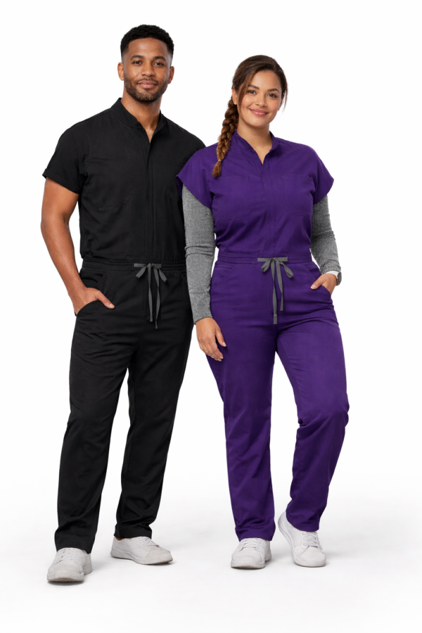 JSX4 Unisex Scrub Jumpsuit (purple with 10 pockets and Black with 8 pockets) Comfortable Overalls Short Sleeve Uniforms