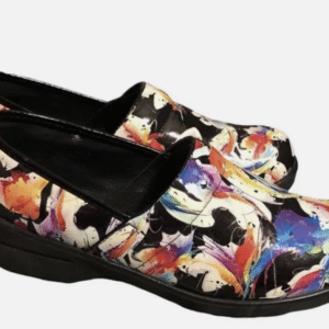 Colorful abstract pattern clog shoes with black sole, ideal for comfortable workwear fashion.