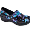 Vibrant black nurse shoes with colorful blue and purple floral patterns, featuring a comfortable design, ideal for healthcare professionals seeking stylish and durable footwear