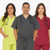 Three models in Ife Uniforms medical scrubs — light green, burgundy, and dark gray — against a neutral background
