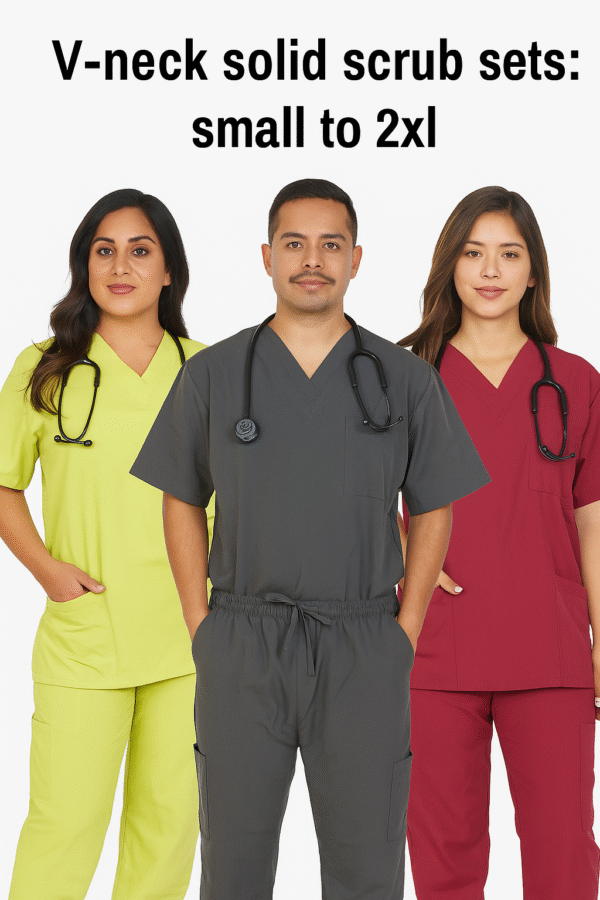 Three models in Ife Uniforms medical scrubs — light green, burgundy, and dark gray — against a neutral background