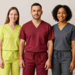 Three models in Ife Uniforms medical scrubs — light green, burgundy, and dark gray — against a neutral background